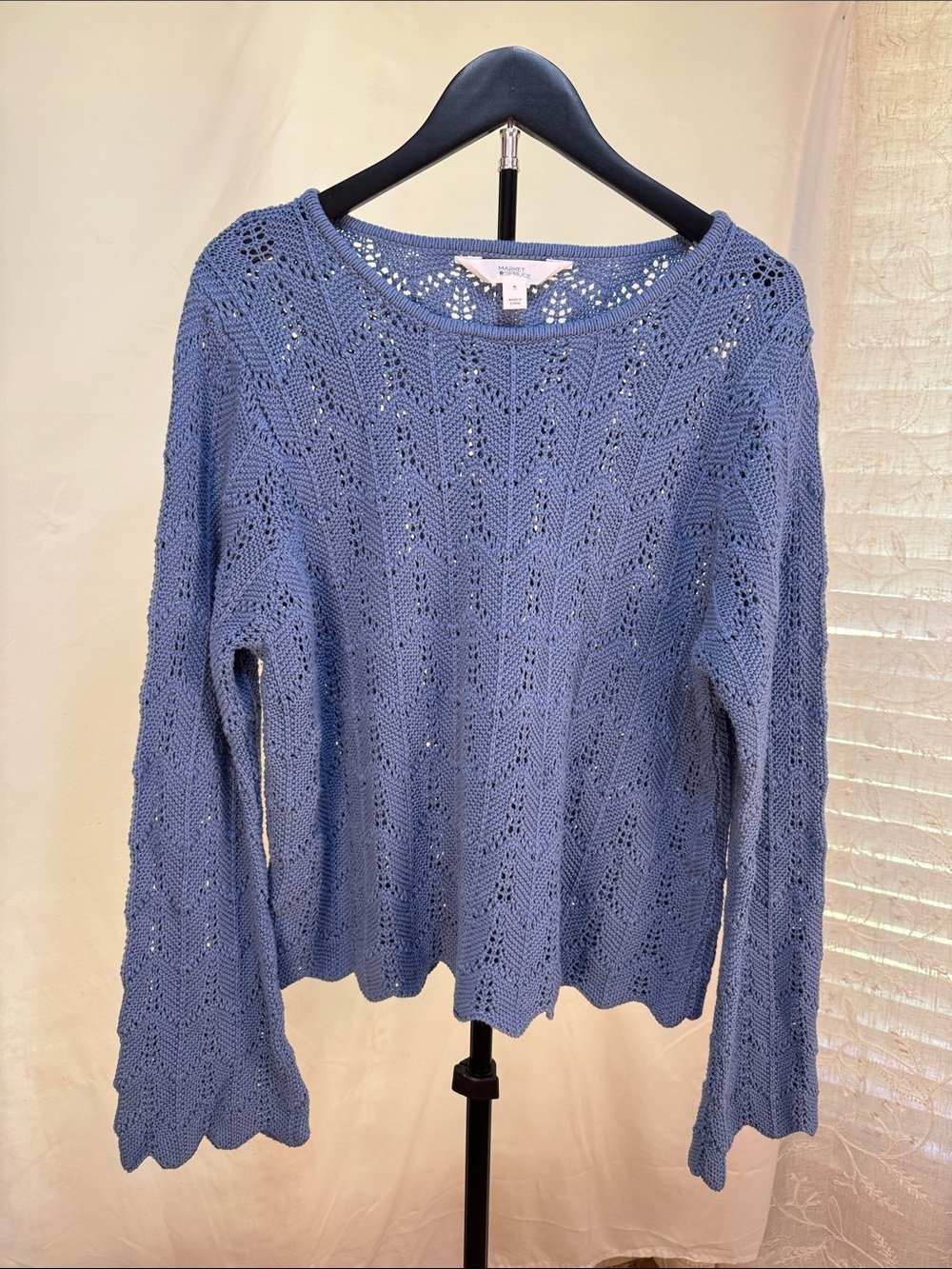 Market & Spruce Blue Open-Knit Scoop Neck Sweater